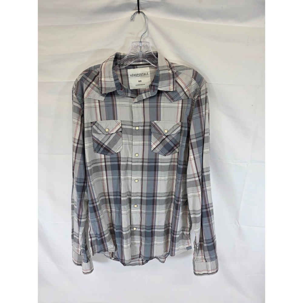 Aeropostale Mens M Plaid‎ Western Snap Button Long Sleeve Shirt Grey Blue Red